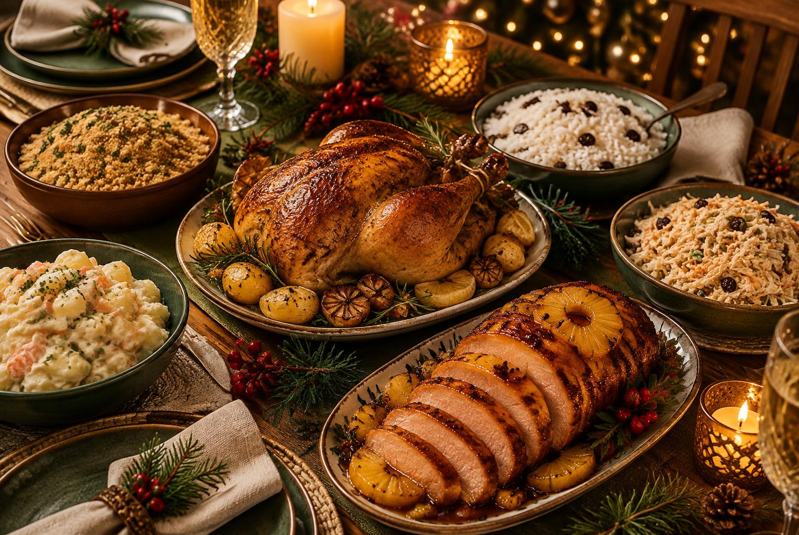 Mesa de ceia de Natal com frango assado, lombo com abacaxi, arroz com passas e acompanhamentos