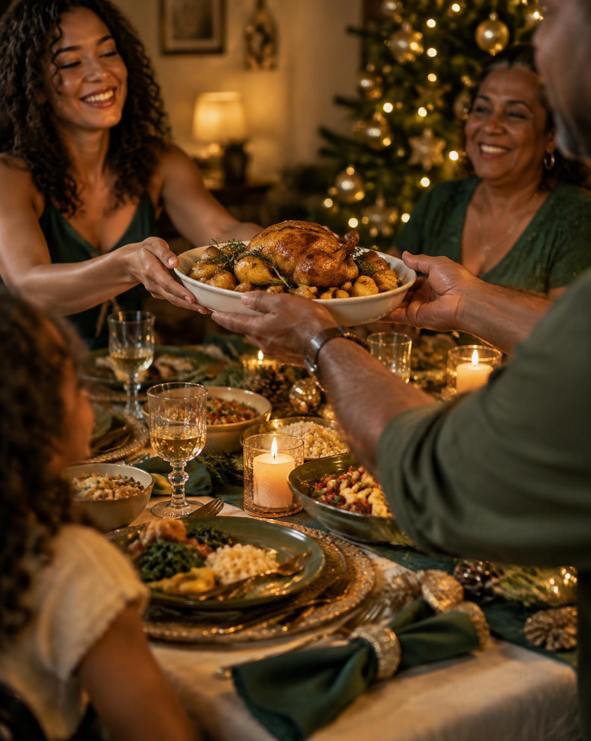 Família reunida à mesa da ceia de Natal passando uma travessa de frango assado