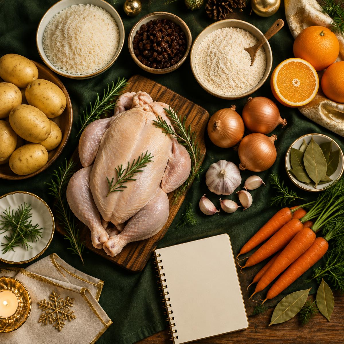 Ingredientes simples para a ceia: frango, batatas, arroz, passas, farofa, cebola, alho e cenouras